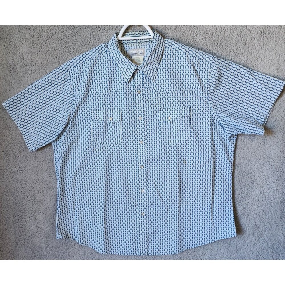 Wrangler Wrancher Blue Geometric Pearl Snap Short‎ Sleeve Button Shirt Size XXL